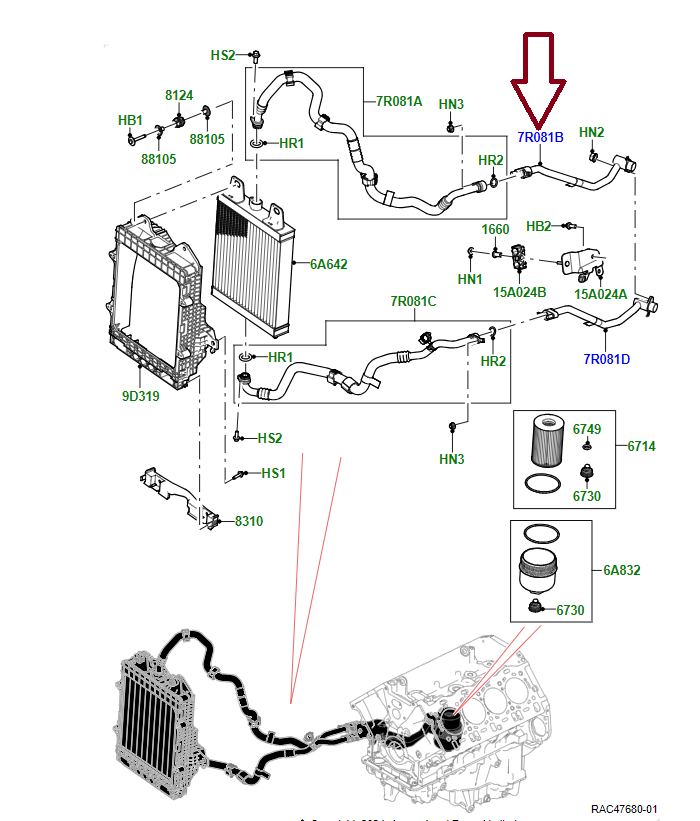LR185409 - MOTOR YAĞ SOĞUTUCU ÜST BORUSU 4.4 BNZ. (NEW VOGUE 22>) - Land Rover